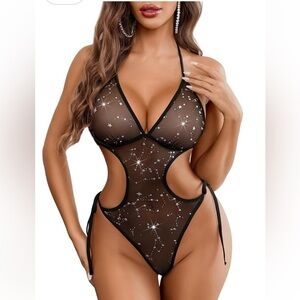 Black Sheer Star-Patterned Bodysuit